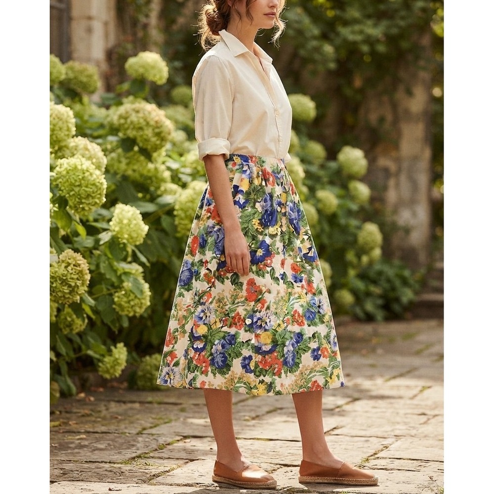 Vintage 80s Floral Skirt Jeri Marque Size 16 Cotton Blend Midi Cottagecore Boho